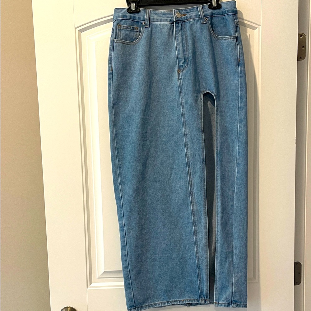 SHEIN Classic Blue Denim Jean Maxi Thigh High Sexy Slit Large 8/10